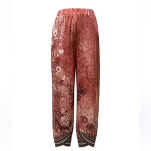 Boho Tulip Ankle Floral Pink & Red Wide-Leg Pants Elastic Waistband Pull-On